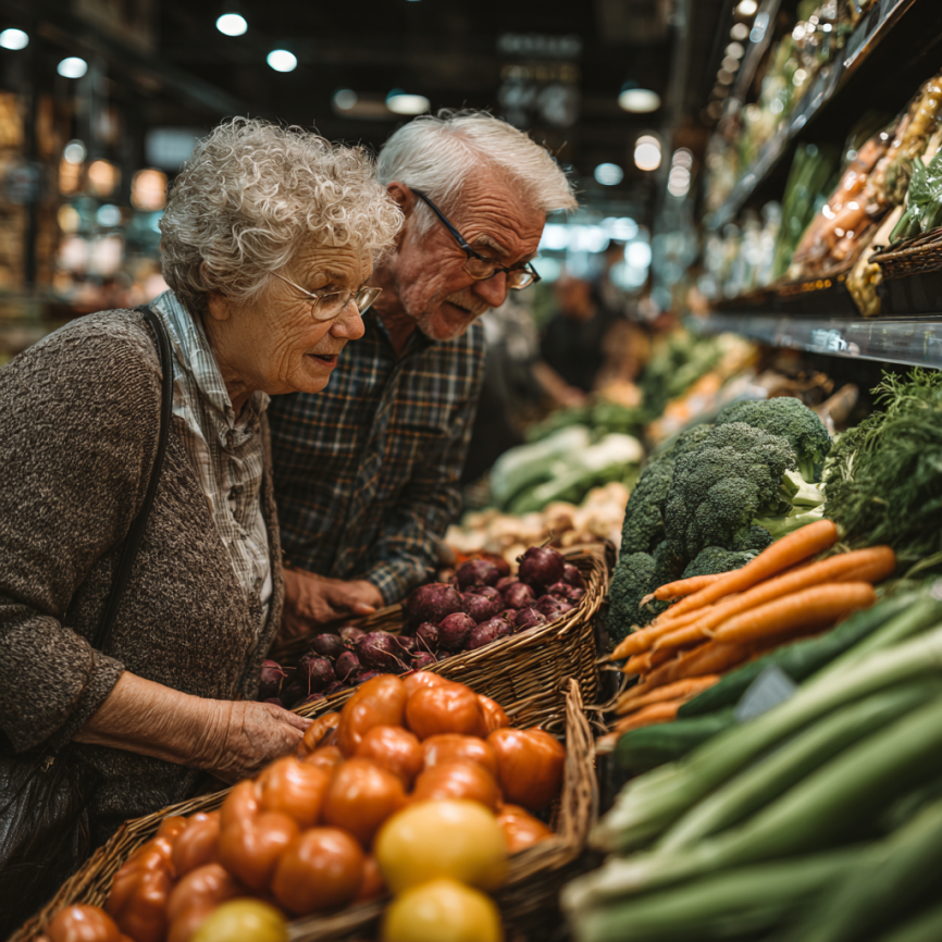Boldog idős pár egészséges ételekkel