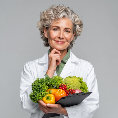 Boldog idős hölgy friss zöldségekkel